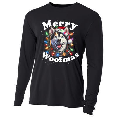 Siberian Husky Dog Merry Woofmas Christmas Lights Santa Hat Tank Top Cooling Performance Long Sleeve Crew