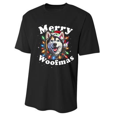 Siberian Husky Dog Merry Woofmas Christmas Lights Santa Hat Tank Top Performance Sprint T-Shirt