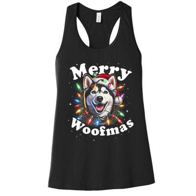 Siberian Husky Dog Merry Woofmas Christmas Lights Santa Hat Tank Top Women's Racerback Tank