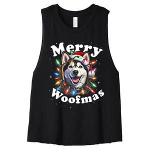 Siberian Husky Dog Merry Woofmas Christmas Lights Santa Hat Tank Top Women's Racerback Cropped Tank