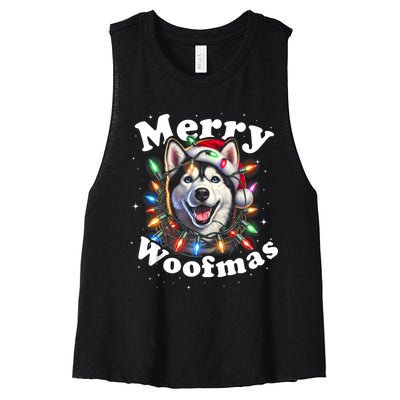 Siberian Husky Dog Merry Woofmas Christmas Lights Santa Hat Tank Top Women's Racerback Cropped Tank