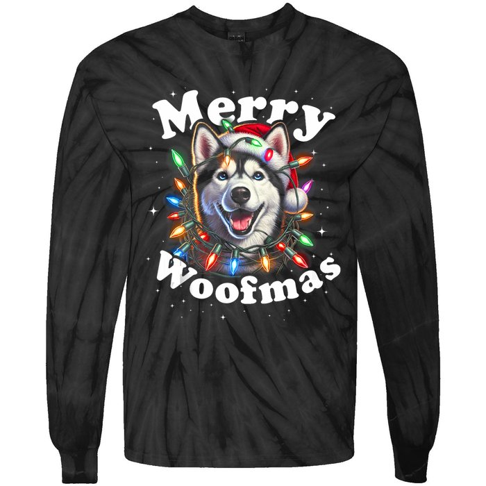 Siberian Husky Dog Merry Woofmas Christmas Lights Santa Hat Tank Top Tie-Dye Long Sleeve Shirt