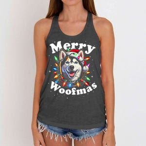 Siberian Husky Dog Merry Woofmas Christmas Lights Santa Hat Tank Top Women's Knotted Racerback Tank