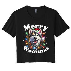 Siberian Husky Dog Merry Woofmas Christmas Lights Santa Hat Tank Top Women's Crop Top Tee