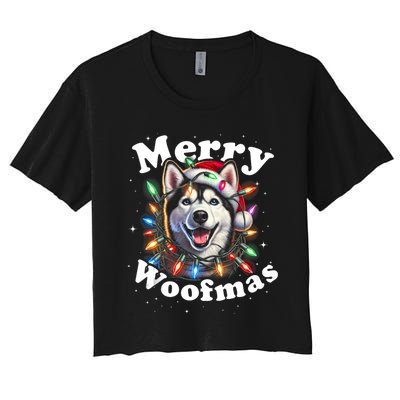 Siberian Husky Dog Merry Woofmas Christmas Lights Santa Hat Tank Top Women's Crop Top Tee