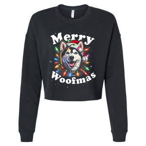 Siberian Husky Dog Merry Woofmas Christmas Lights Santa Hat Tank Top Cropped Pullover Crew