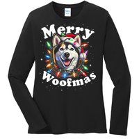 Siberian Husky Dog Merry Woofmas Christmas Lights Santa Hat Tank Top Ladies Long Sleeve Shirt