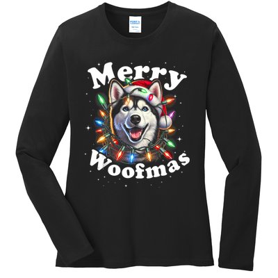 Siberian Husky Dog Merry Woofmas Christmas Lights Santa Hat Tank Top Ladies Long Sleeve Shirt