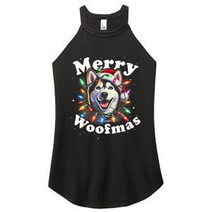 Siberian Husky Dog Merry Woofmas Christmas Lights Santa Hat Tank Top Women's Perfect Tri Rocker Tank