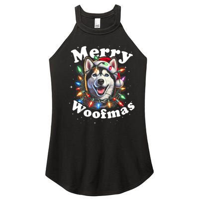 Siberian Husky Dog Merry Woofmas Christmas Lights Santa Hat Tank Top Women's Perfect Tri Rocker Tank