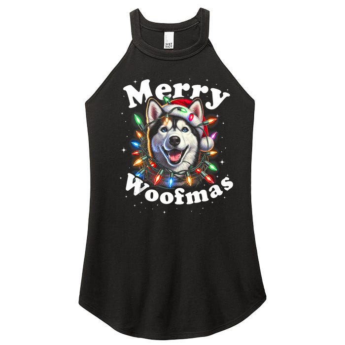 Siberian Husky Dog Merry Woofmas Christmas Lights Santa Hat Tank Top Women's Perfect Tri Rocker Tank