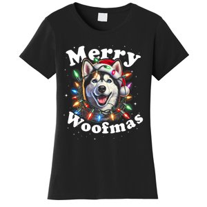 Siberian Husky Dog Merry Woofmas Christmas Lights Santa Hat Tank Top Women's T-Shirt