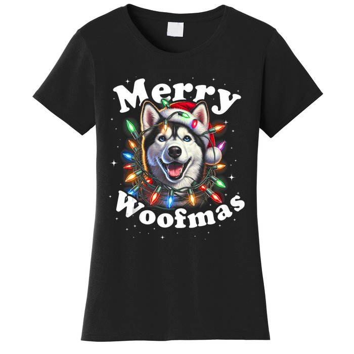 Siberian Husky Dog Merry Woofmas Christmas Lights Santa Hat Tank Top Women's T-Shirt