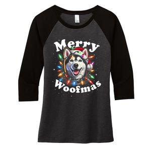 Siberian Husky Dog Merry Woofmas Christmas Lights Santa Hat Tank Top Women's Tri-Blend 3/4-Sleeve Raglan Shirt