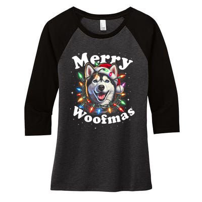 Siberian Husky Dog Merry Woofmas Christmas Lights Santa Hat Tank Top Women's Tri-Blend 3/4-Sleeve Raglan Shirt