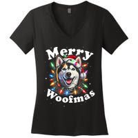 Siberian Husky Dog Merry Woofmas Christmas Lights Santa Hat Tank Top Women's V-Neck T-Shirt