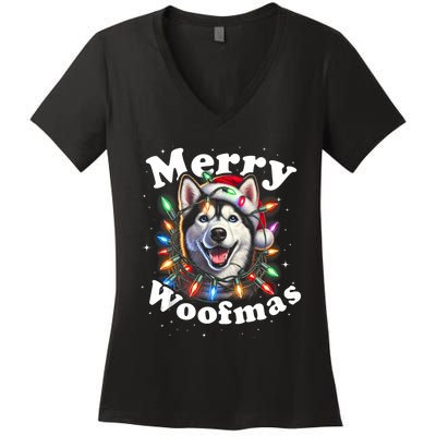 Siberian Husky Dog Merry Woofmas Christmas Lights Santa Hat Tank Top Women's V-Neck T-Shirt