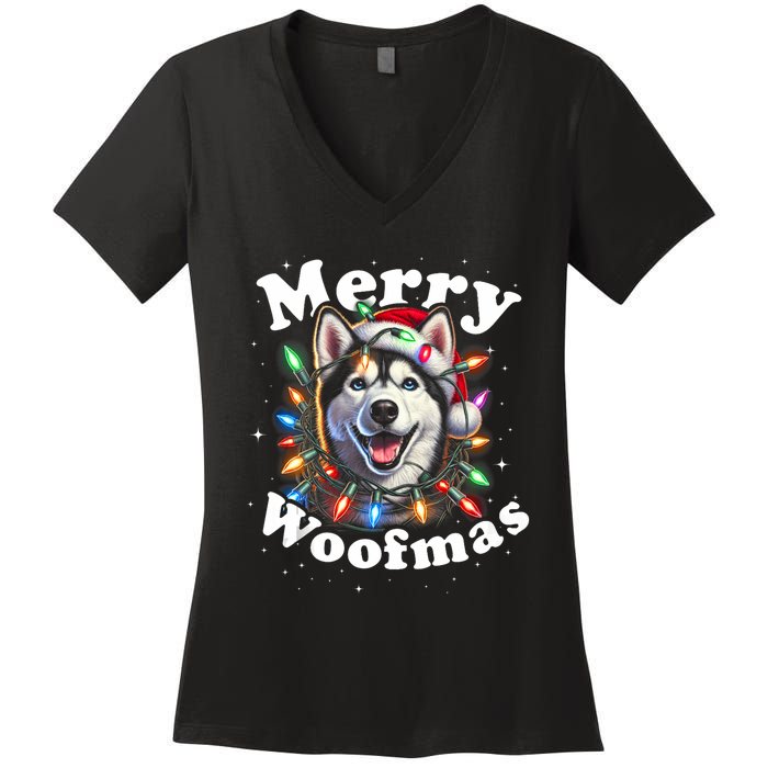 Siberian Husky Dog Merry Woofmas Christmas Lights Santa Hat Tank Top Women's V-Neck T-Shirt