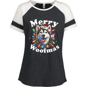 Siberian Husky Dog Merry Woofmas Christmas Lights Santa Hat Tank Top Enza Ladies Jersey Colorblock Tee