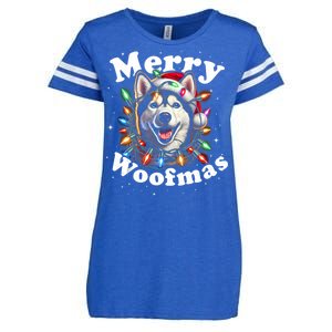 Siberian Husky Dog Merry Woofmas Christmas Lights Santa Hat Tank Top Enza Ladies Jersey Football T-Shirt