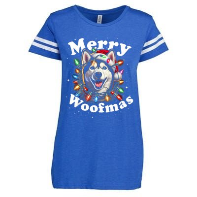 Siberian Husky Dog Merry Woofmas Christmas Lights Santa Hat Tank Top Enza Ladies Jersey Football T-Shirt