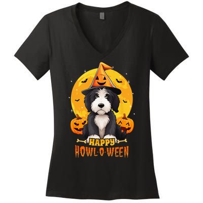 Sheepadoodle Halloween Dog Howl O Ween Funny Pet Women's V-Neck T-Shirt