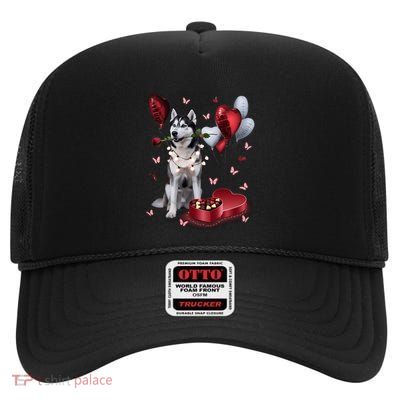 Siberian Husky Dog Rose Heart Dog Mom Happy Valentine Day Gift High Crown Mesh Back Trucker Hat