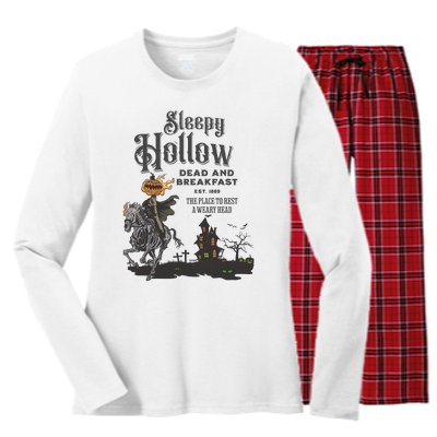 Sleepy Hollow Dead And Breakfast Est 1869 The Place To Rest A Weary Head Women's Long Sleeve Flannel Pajama Set 