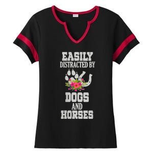 S Horse Dog Easily Distracted By Dogs And Horses V Neck Ladies Halftime Notch Neck Tee