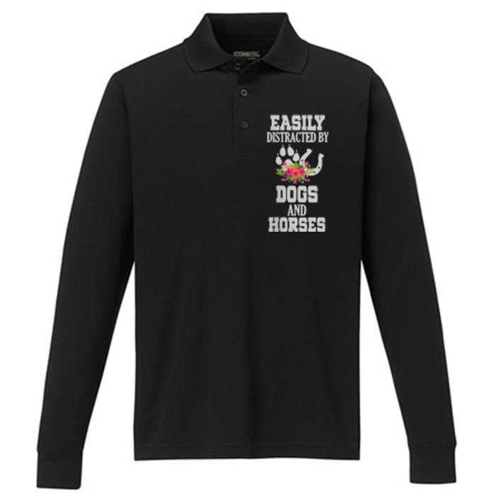 S Horse Dog Easily Distracted By Dogs And Horses V Neck Performance Long Sleeve Polo