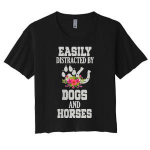 S Horse Dog Easily Distracted By Dogs And Horses V Neck Women's Crop Top Tee