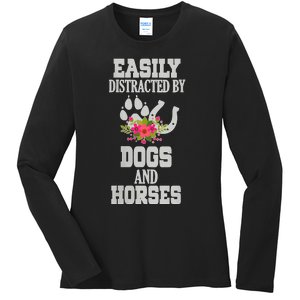 S Horse Dog Easily Distracted By Dogs And Horses V Neck Ladies Long Sleeve Shirt