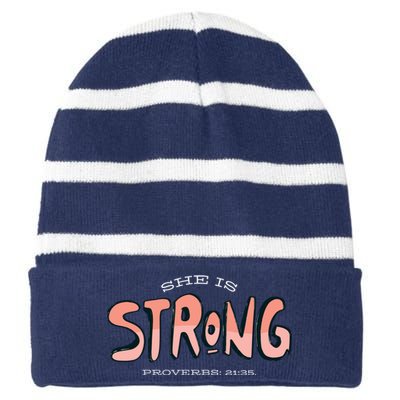 She Is Strong Bible Verse Striped Beanie with Solid Band