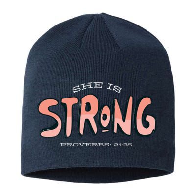 She Is Strong Bible Verse Sustainable Beanie