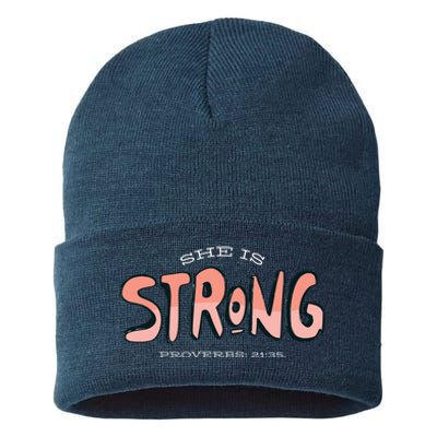 She Is Strong Bible Verse Sustainable Knit Beanie