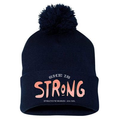 She Is Strong Bible Verse Pom Pom 12in Knit Beanie