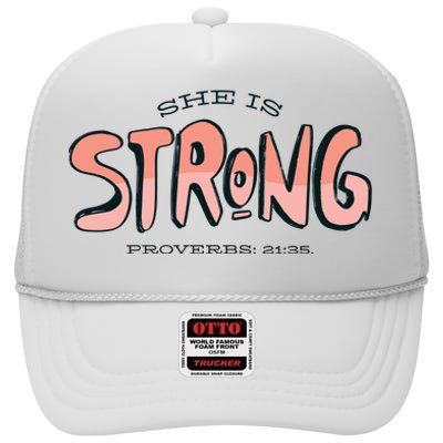 She Is Strong Bible Verse High Crown Mesh Back Trucker Hat