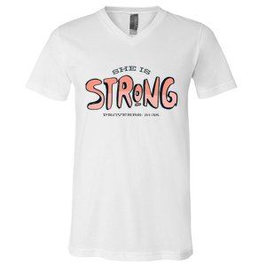 She Is Strong Bible Verse V-Neck T-Shirt