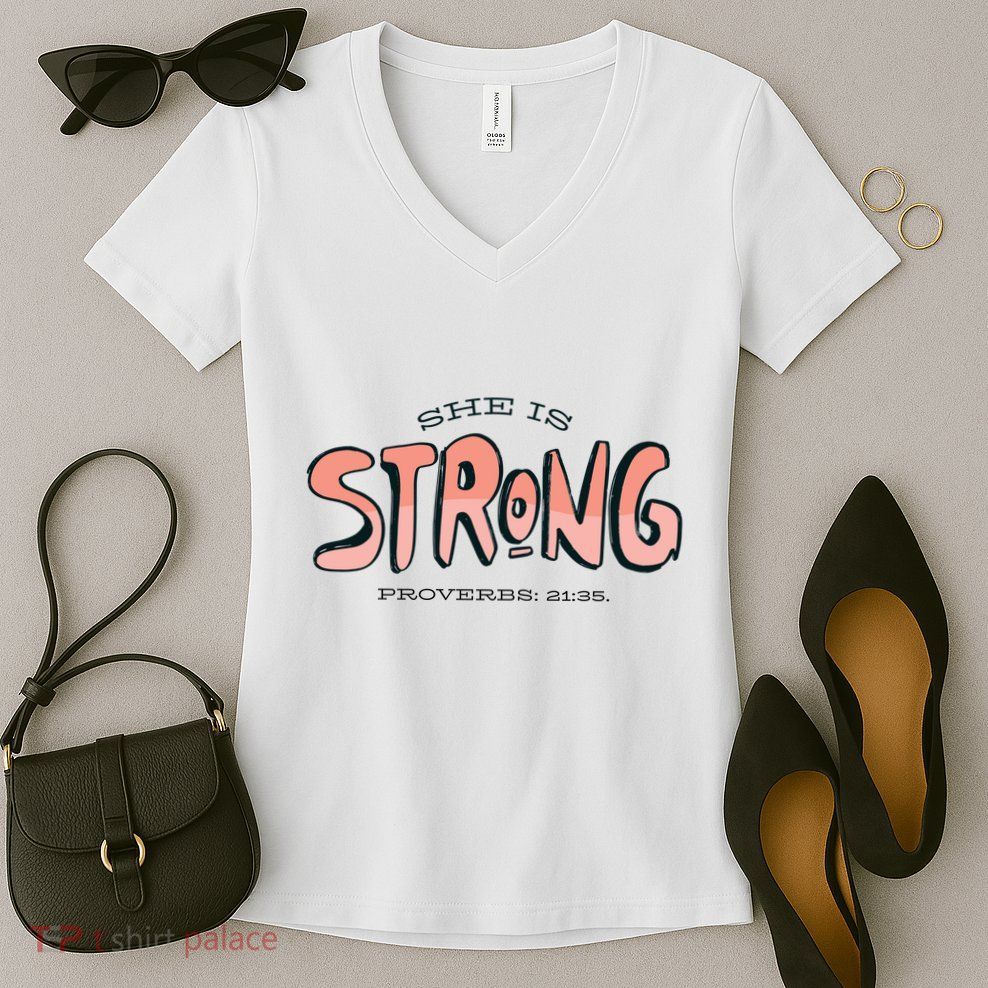 She Is Strong Bible Verse Women's V-Neck T-Shirt