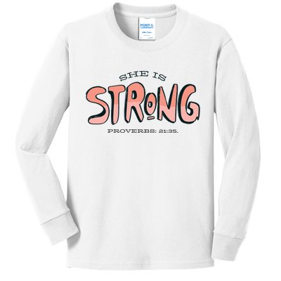 She Is Strong Bible Verse Kids Long Sleeve Shirt