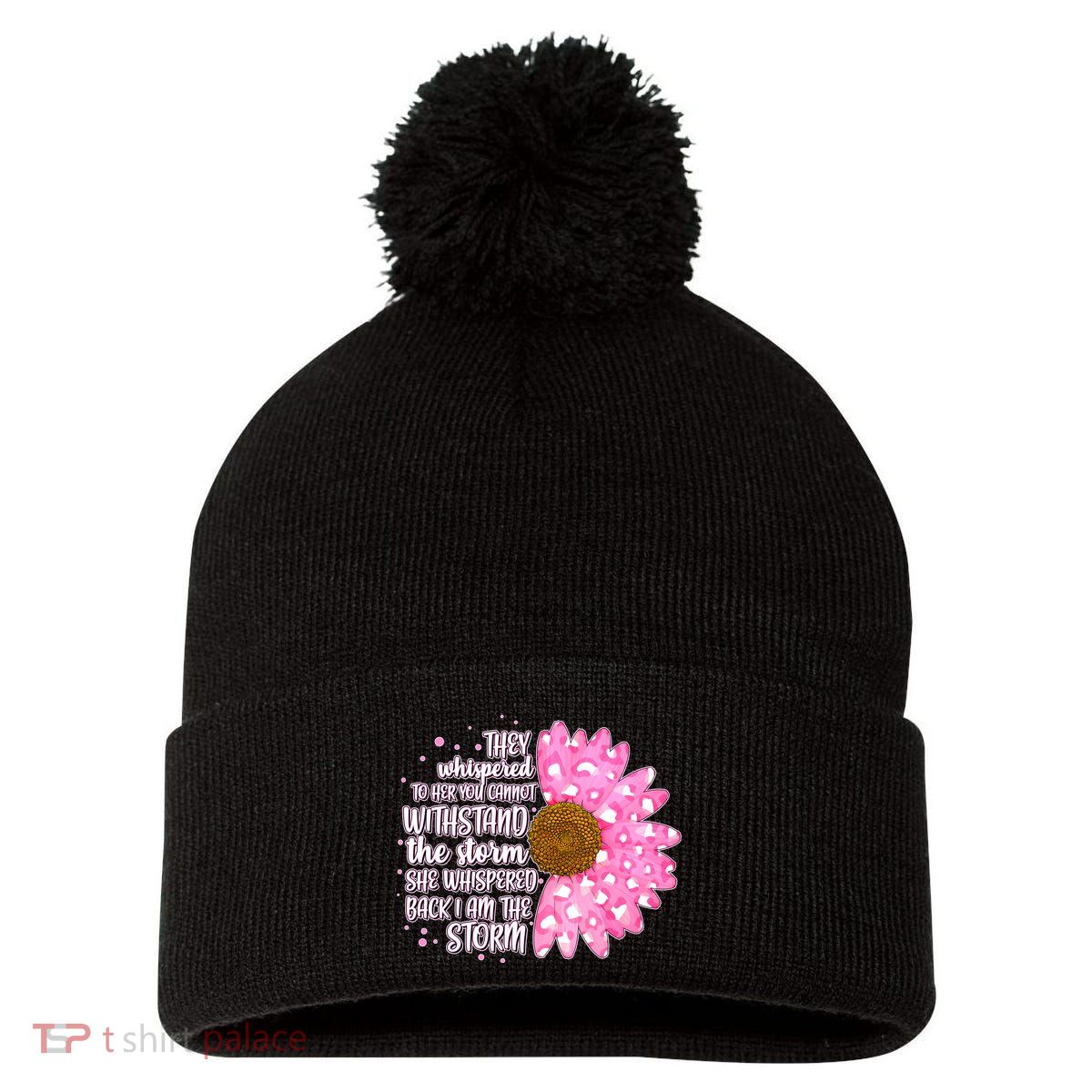 She Whispers Back I Am The Storm Pink Flower Pom Pom 12in Knit Beanie