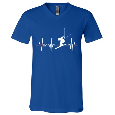 Ski Heartbeat Ecg Skiing Coach Gift V-Neck T-Shirt