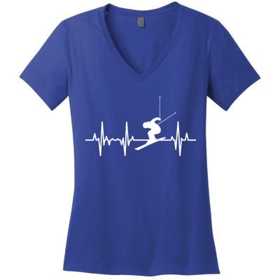 Ski Heartbeat Ecg Skiing Coach Gift Women's V-Neck T-Shirt