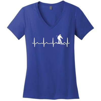 Skiing Heartbeat Ecg Skier Winter Sports Ice Skating Gift Women's V-Neck T-Shirt