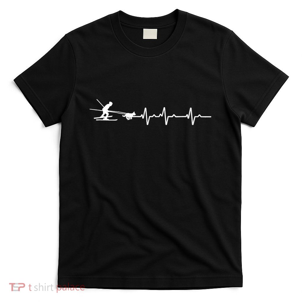 S Heartbeat Ekg Skijoring Skiing Dog Pulling Ski Driving Skier V Neck T-Shirt