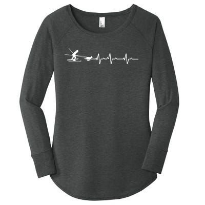 S Heartbeat Ekg Skijoring Skiing Dog Pulling Ski Driving Skier V Neck Women's Perfect Tri Tunic Long Sleeve Shirt