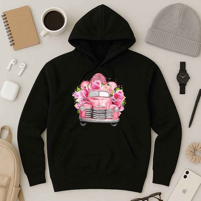 Spring Happy Easter Pink Vintage Truck Hoodie