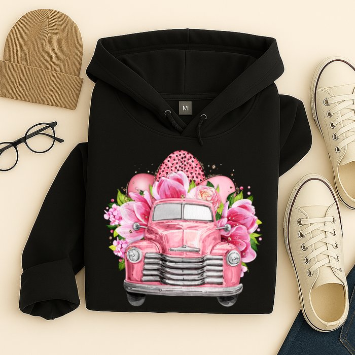 Spring Happy Easter Pink Vintage Truck Hoodie