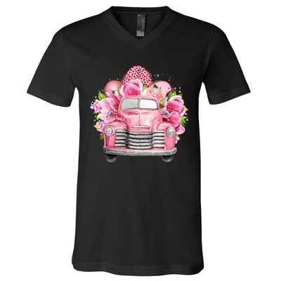 Spring Happy Easter Pink Vintage Truck V-Neck T-Shirt