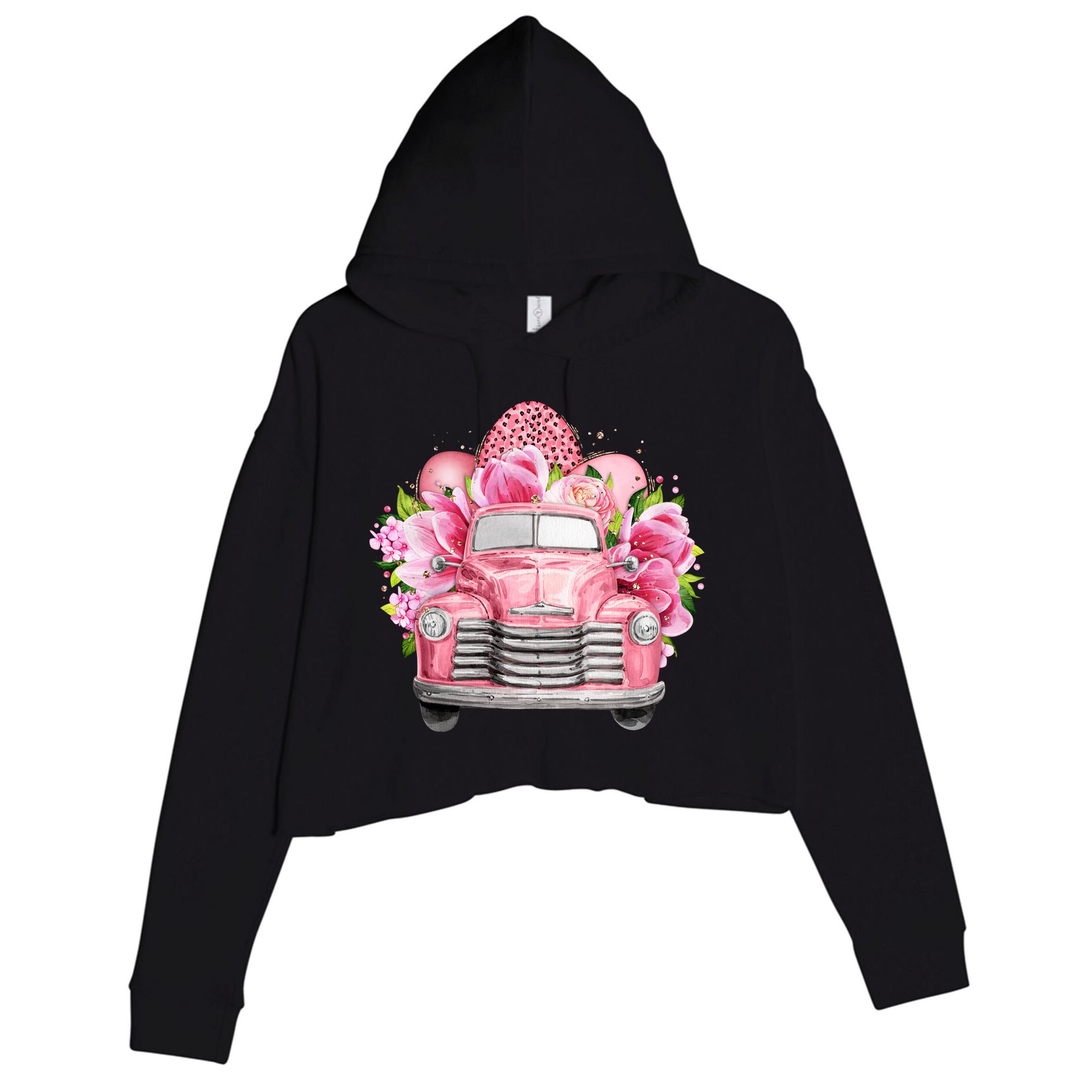 Spring Happy Easter Pink Vintage Truck Crop Fleece Hoodie